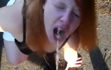 Obese girl drinking pee