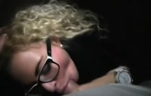 Curly haired blonde in glasses fucked